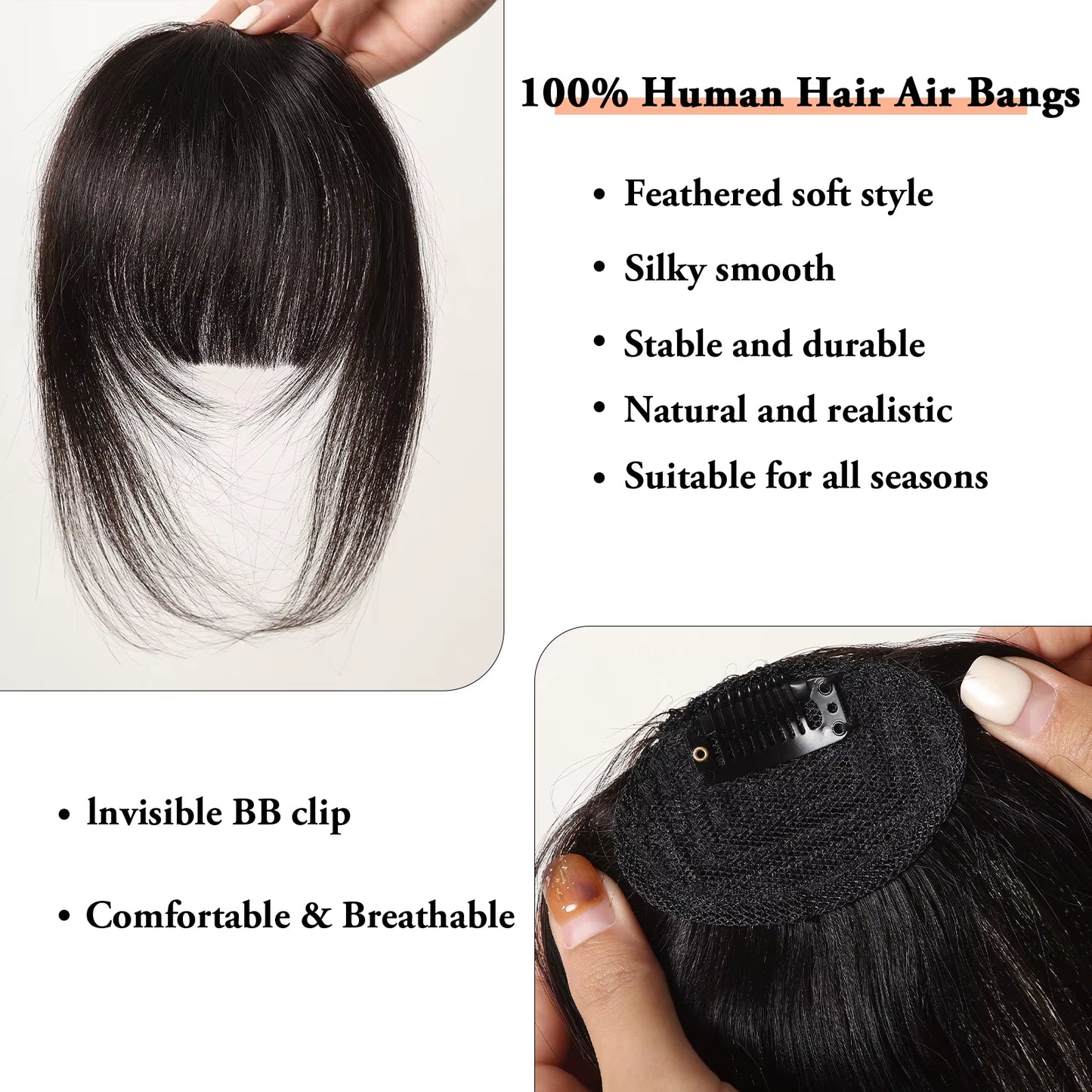 100% Remy Human Hair Fringe Bangs Clips in Natural Black Human Hair 3D Air Fringe Bangs Hairpieces for Women with Thinning Hair