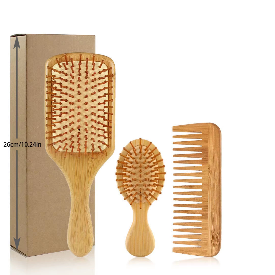 Bamboo Hair Brushes and Comb Set, Comb for Women and Detangling, Great on All Hair, Handmade for Women Men