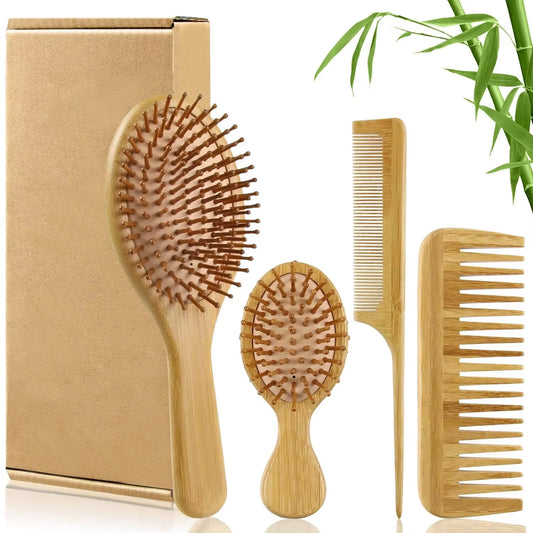 Bamboo Hair Brushes and Comb Set, Comb for Women and Detangling, Great on All Hair, Handmade for Women Men
