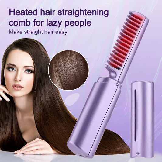 2-In-1 Electric Hot Heating Comb Hair Straightener Iron Straightening Brush Fast Charging Wet Dry Use Quick Hair Styling Tool