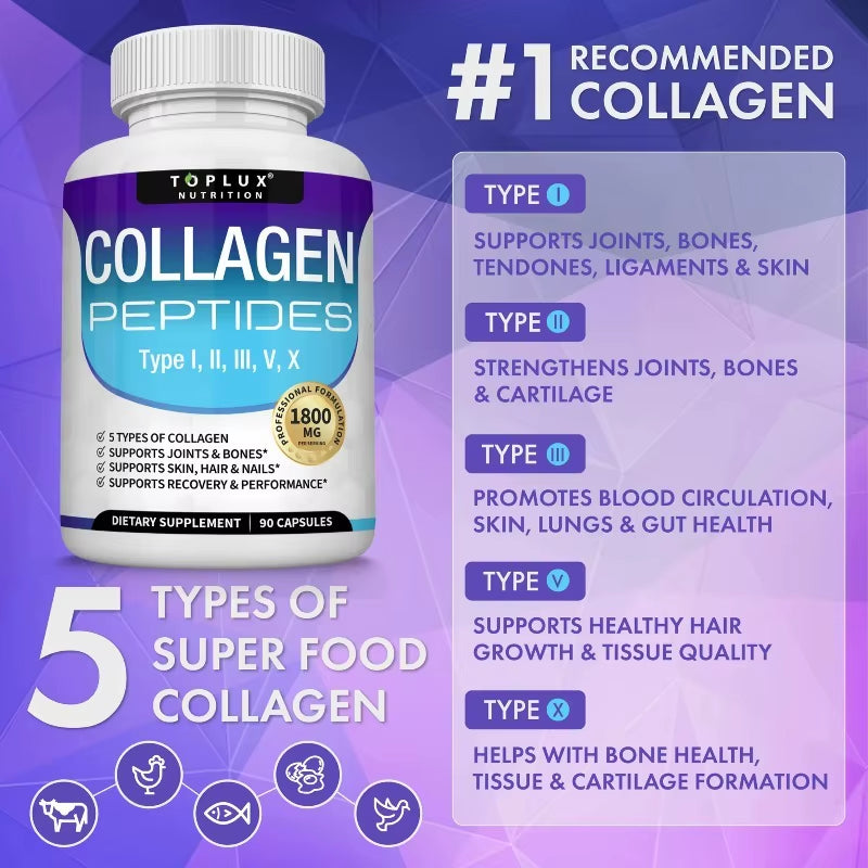 Collagen Peptides 1800Mg - Improves Skin Texture and Moisturizes It, Maintains Healthy Skin, Hair, and Nails, Antioxidant