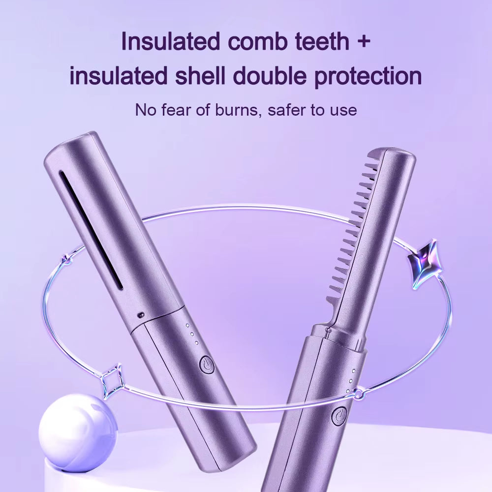 2-In-1 Electric Hot Heating Comb Hair Straightener Iron Straightening Brush Fast Charging Wet Dry Use Quick Hair Styling Tool