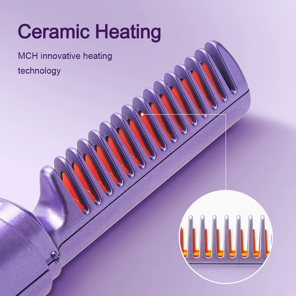 2-In-1 Electric Hot Heating Comb Hair Straightener Iron Straightening Brush Fast Charging Wet Dry Use Quick Hair Styling Tool