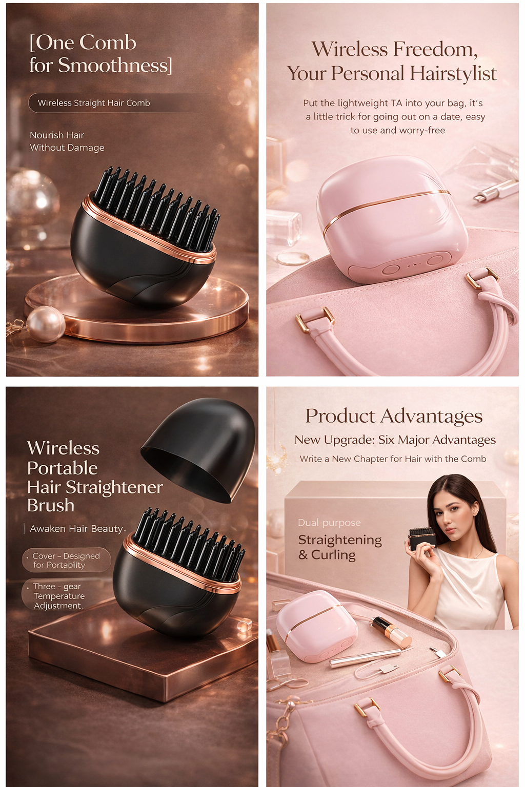 Mini Wireless Hair Straightener Brush (Pink/Black)