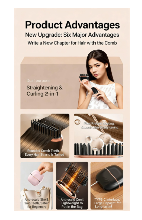 Mini Wireless Hair Straightener Brush (Pink/Black)