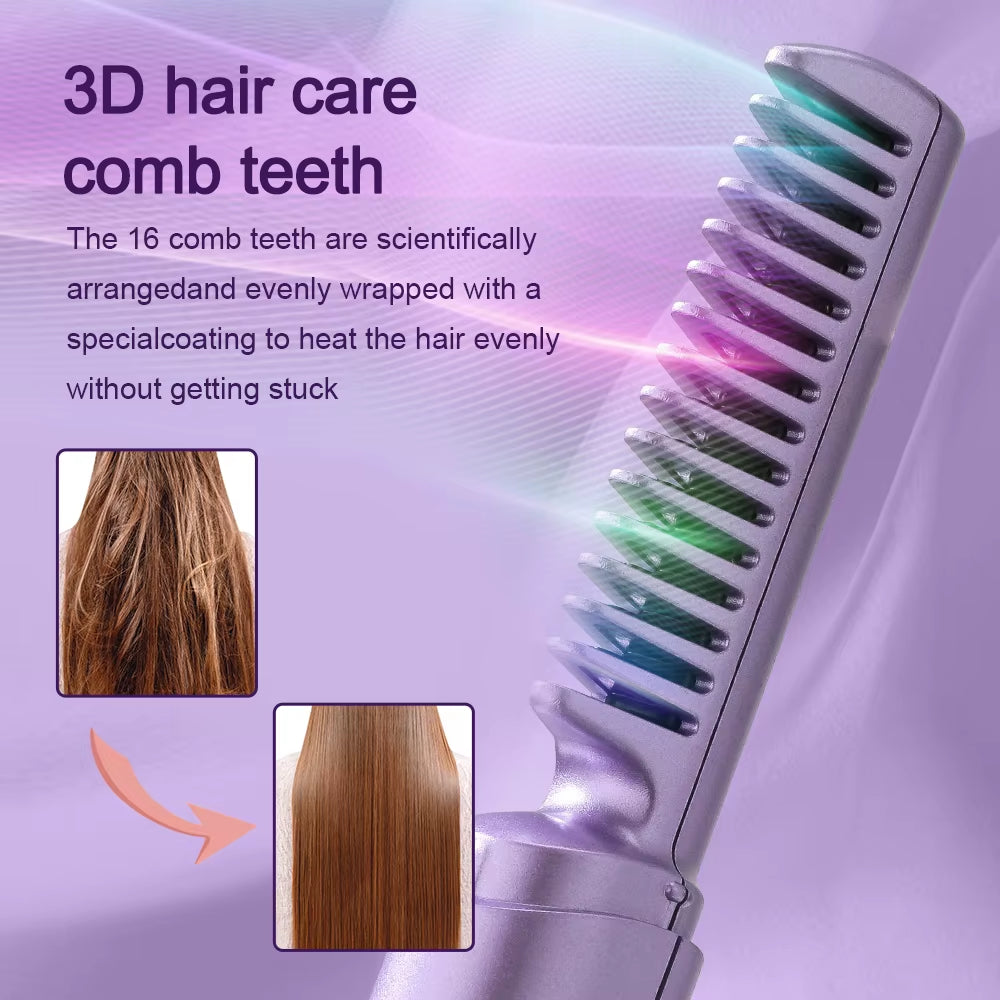 2-In-1 Electric Hot Heating Comb Hair Straightener Iron Straightening Brush Fast Charging Wet Dry Use Quick Hair Styling Tool