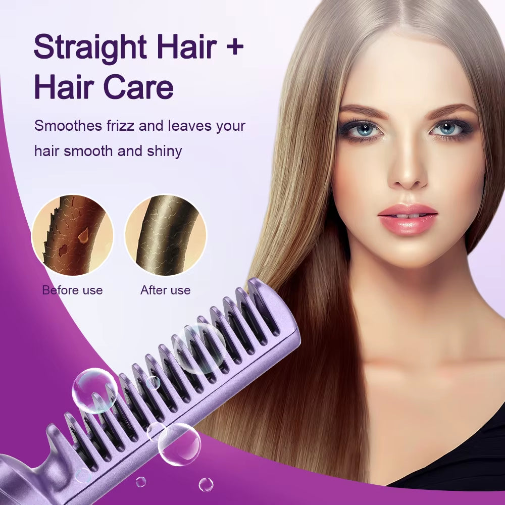 2-In-1 Electric Hot Heating Comb Hair Straightener Iron Straightening Brush Fast Charging Wet Dry Use Quick Hair Styling Tool