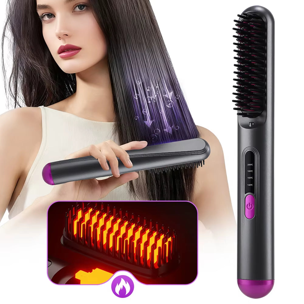 2-In-1 Electric Hot Heating Comb Hair Straightener Iron Straightening Brush Fast Charging Wet Dry Use Quick Hair Styling Tool